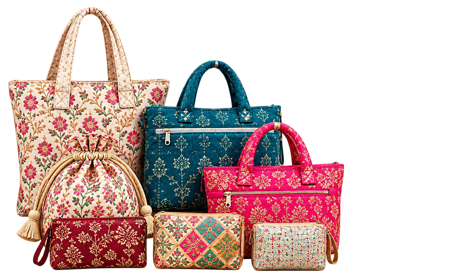 A collection of colorful embroidered handbags and pouches