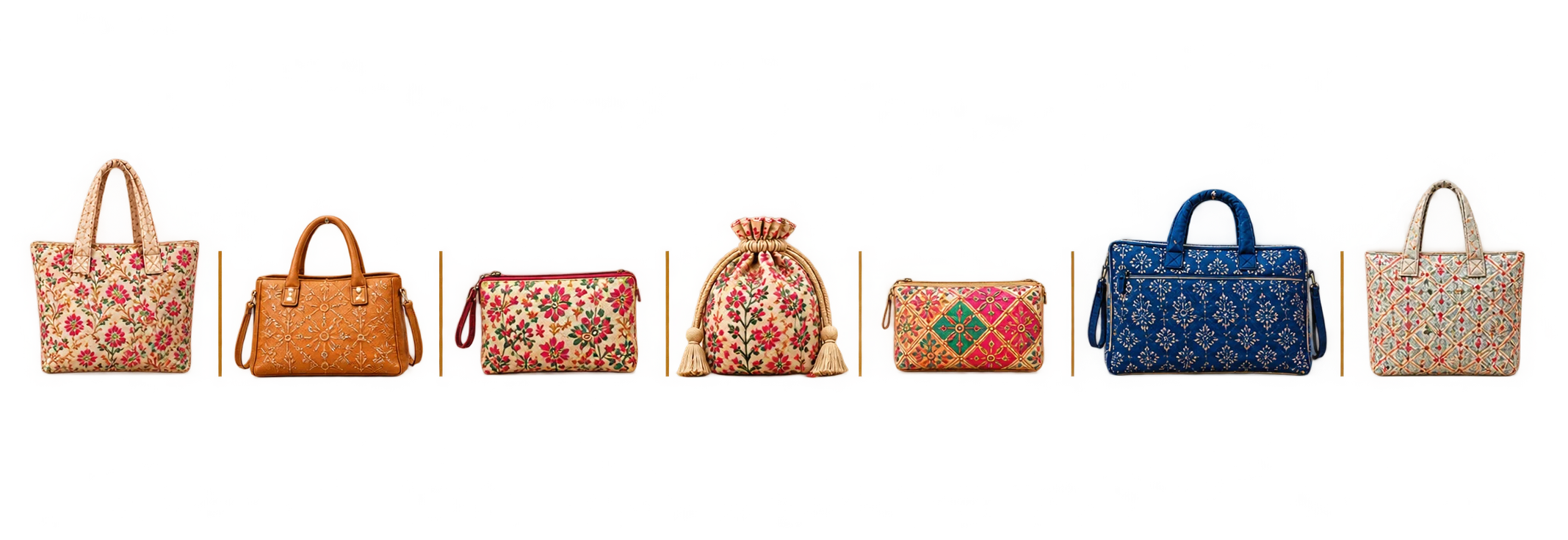 A row of colorful bag styles